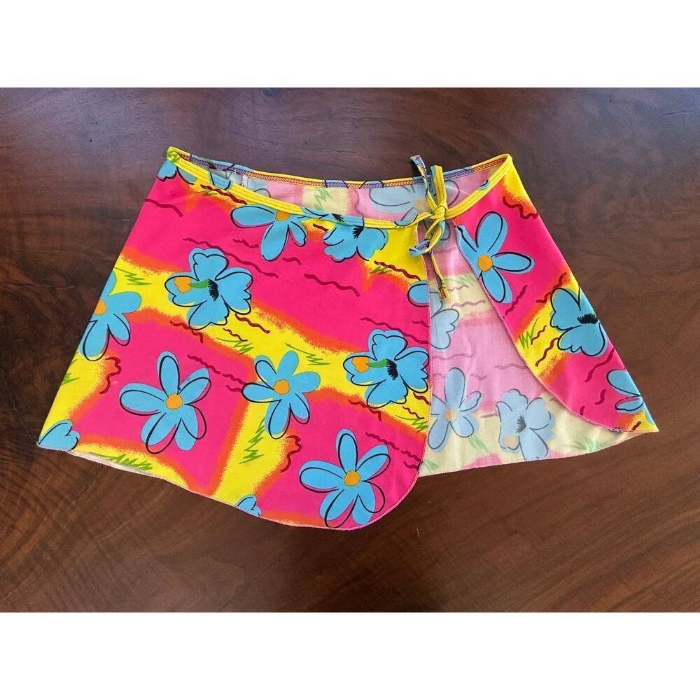 Vintage Y2K Neon Floral Swim Skirt Wrap Cover Up S M L
